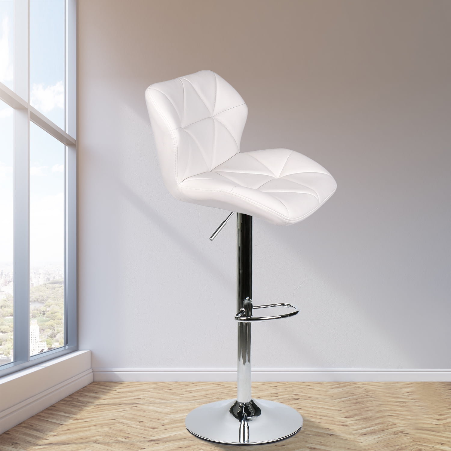 FULLWATT Bar Stools PU Leather Seat with Chrome Base Swivel Dining Chair Barstools, White, Set of 4