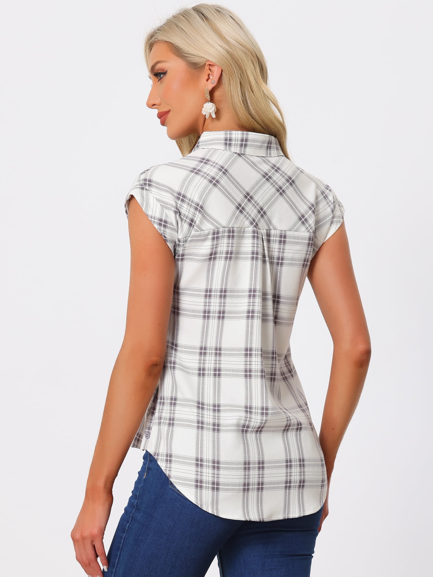 DARING DIVA Women's Summer Plaid Short Sleeves Button Down Tops XS Purple-White