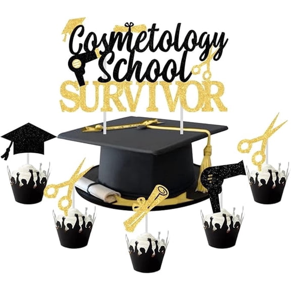 Grad Cap Cake Topper, Congrats Cosmetology Cake Topper with 25PCS Cosmetology School Survivor 2026 Theme Black Barber Cupcake Toppers Party Decoration