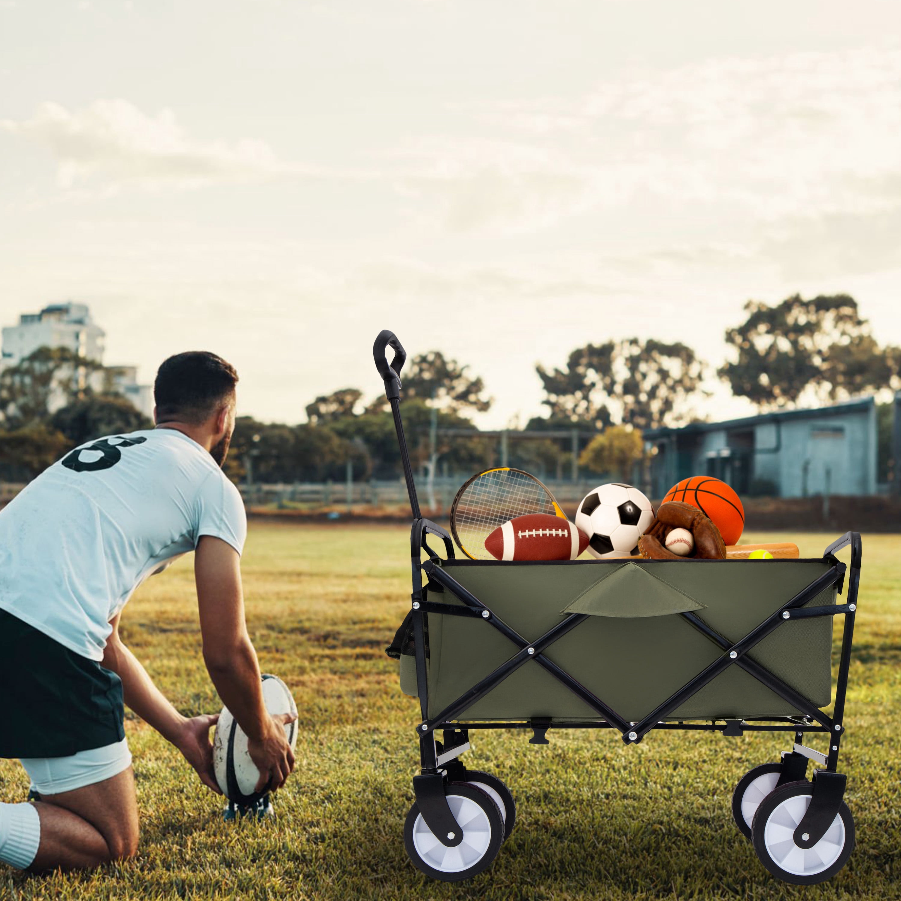 Yoneston 225LBS Collapsible Wagon Cart, Portable Heavy Duty Utility Wagon with 3pcs Plastic Liner Cover Bag for Camping, Picinc, Shopping, Beach, Grocery Transport, Green