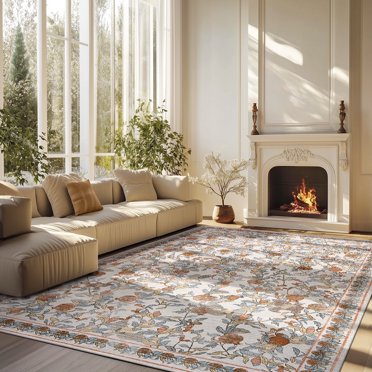 RUGKING Area Rugs For Living Room 8X10 Washable Oriental Rug Floral Print Mat Thin Traditional Carpet For Bedroom Hallway Kitchen Taupe/Red