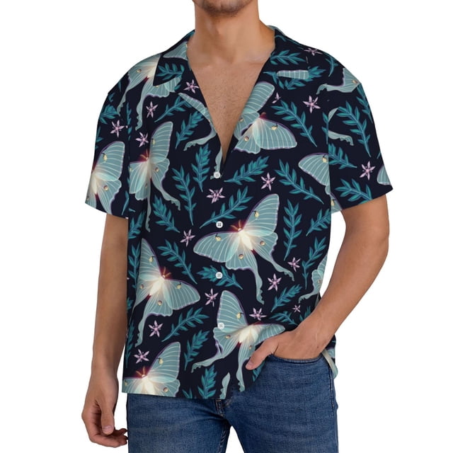 Fotbe Glowing Butterfly Camisa Estampada de Manga Corta para Hombre, Casual de Verano, Estilo Playero, Sin Arrugas-Small