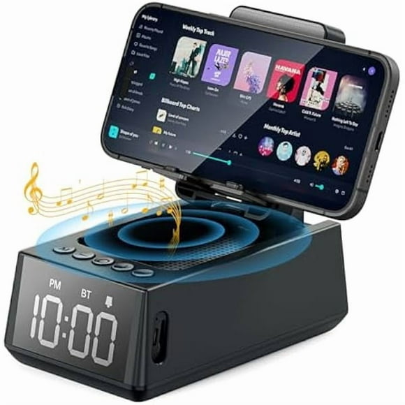 wonima11 Wireless Bluetooth Speaker with Cell Phone Stand Loud Alarm Clock TF Card Reader 12H Display Mic HD Surround Sound Kitchen Bedroom Office Cell Phone&Tablet (Black)