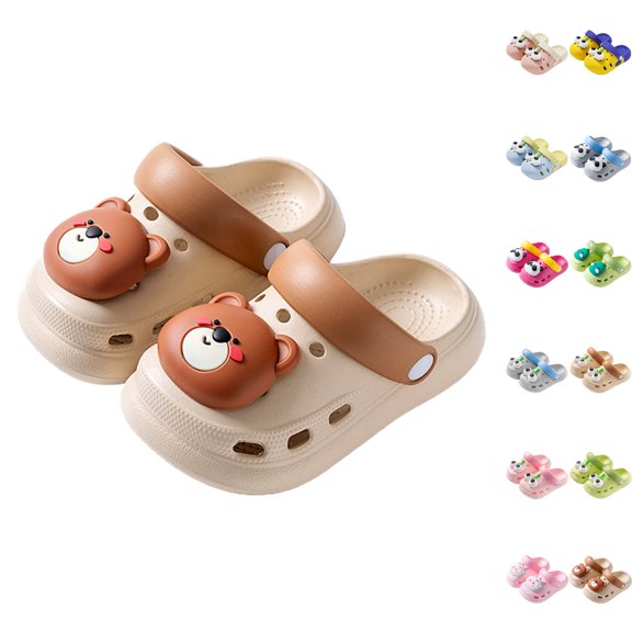 GPOECD Girls Clogs Breathable Soft Sole Toddler Sandals with Cute Bear Design Water Shoes for Beach and Indoor Outdoor Play Kids Slippers 18M-9Y 08_Khaki,18-24 Months