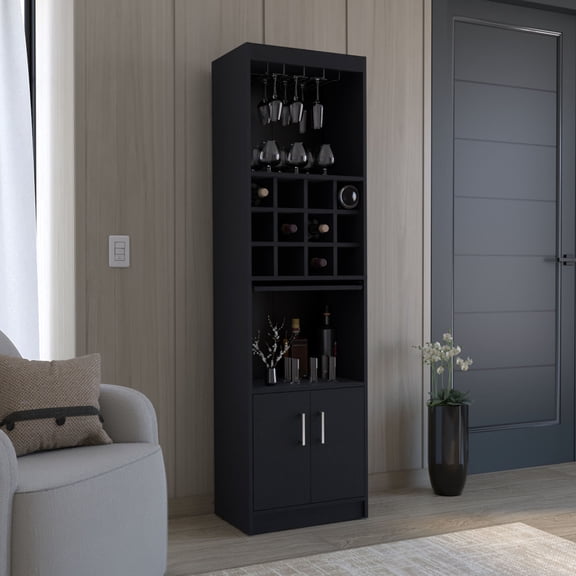 5-Tier Black Freestanding Bar Cabinet with 15-Bottle Capacity / Ideal for Home Storage of Wine, Liquor, Glasses & Snacks