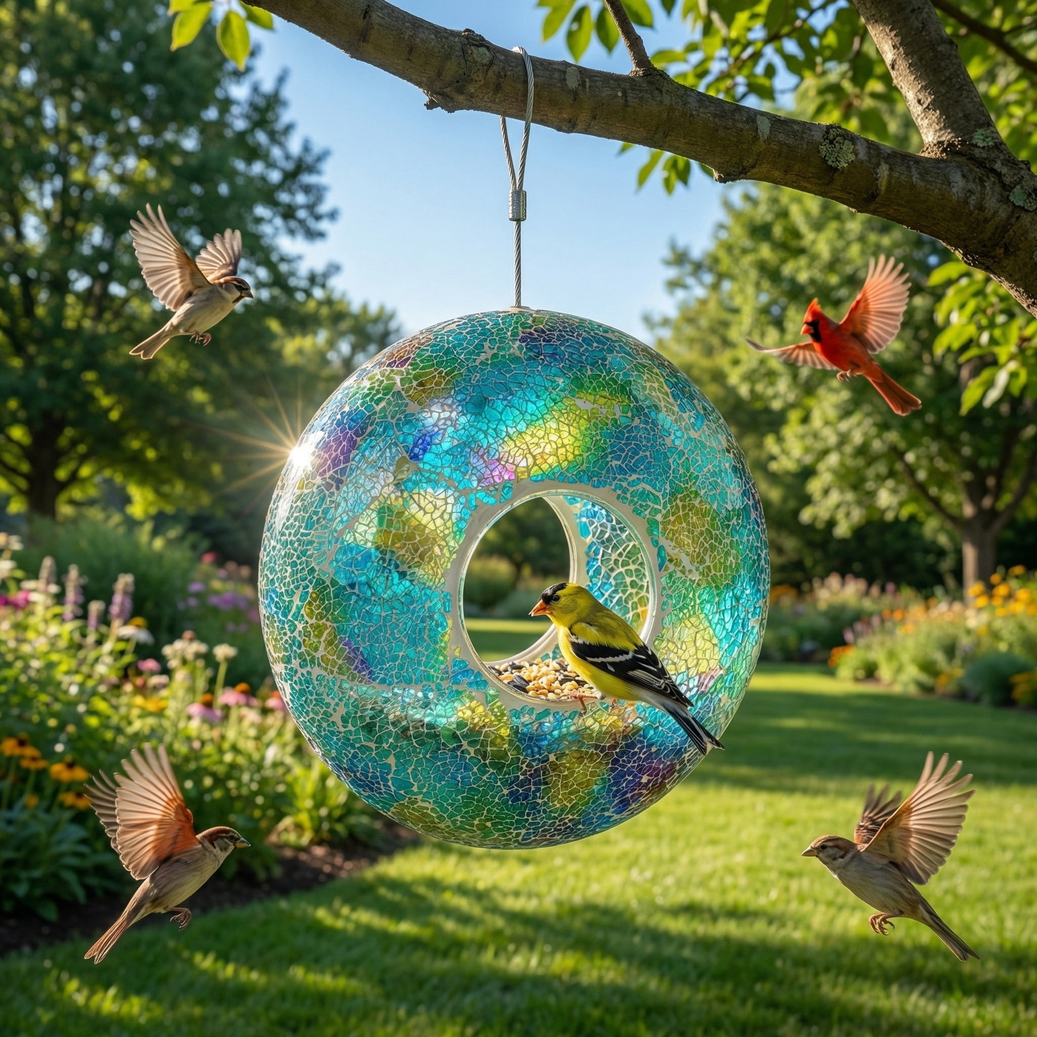 Topadorn Mosaic Glass Hanging Bird Feeder, 9 Inch, Fly-Through Design for Cardinals, Finches & Wild Birds, Blue and Green, Garden Yard Decoration