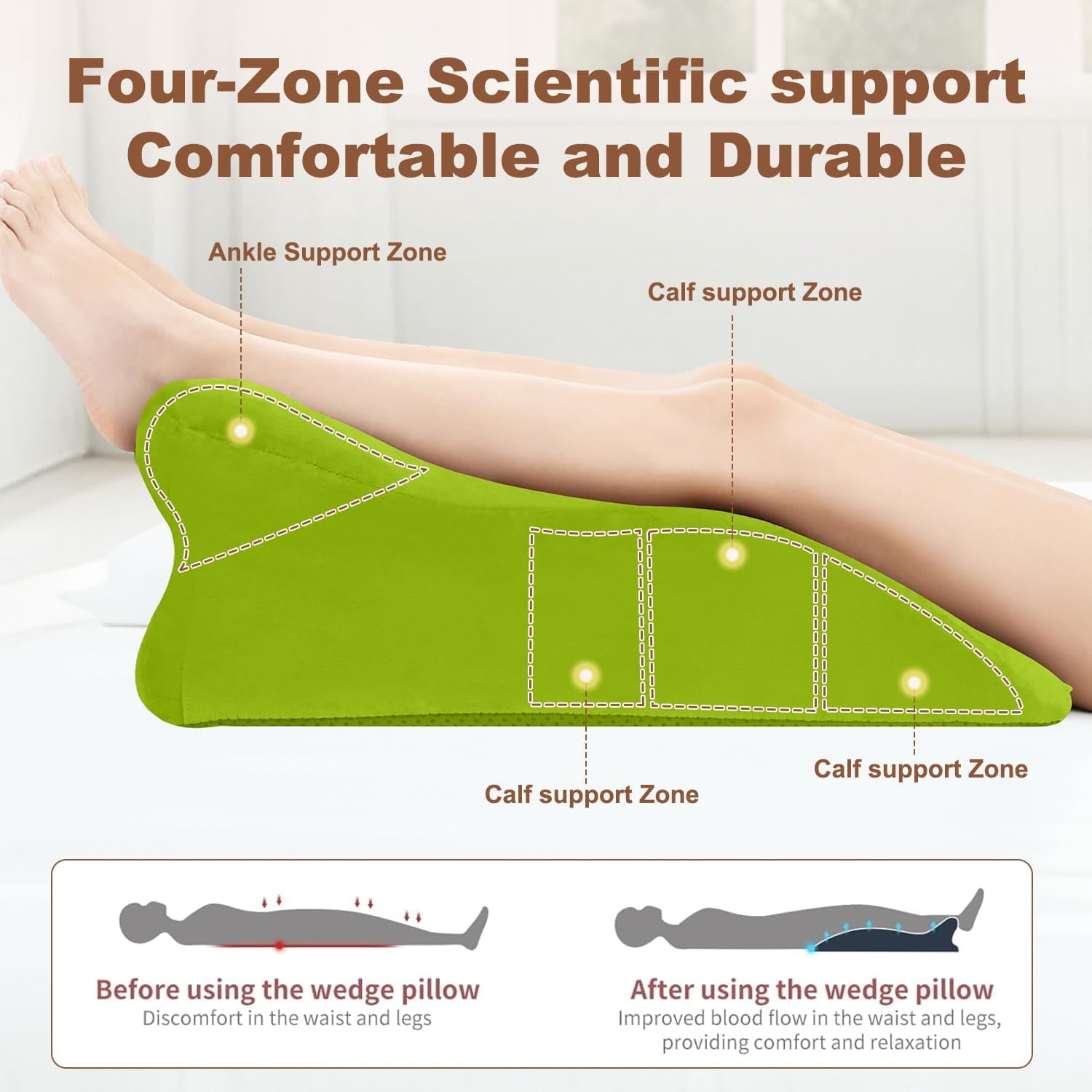 Memory Foam Ergonomic Wedge Pillow, Multi-Position Support Pillow, Ergonomic Support for Back Pain, Acid Reflux & Sitting Up, Ideal for Massage, with Removable Cover,40-Degree Angle Design (Green)