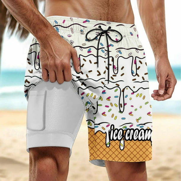 WILLBEST Pantalones Cortos Deportivos para Hombre, para Fiestas de Verano En La Piscina y Playa, Bañador de Doble Capa con Estampado de Hielo Derretido para Días de Playa y Uso Cómodo.