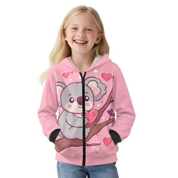 Psesaysky Girls Winter Jacket Cartoon Koala Print Girls Pink Hoodies Kids Full Zip Hoodie Girls Jacket Warm Cozy Outwear Coat with Pockets, Size S