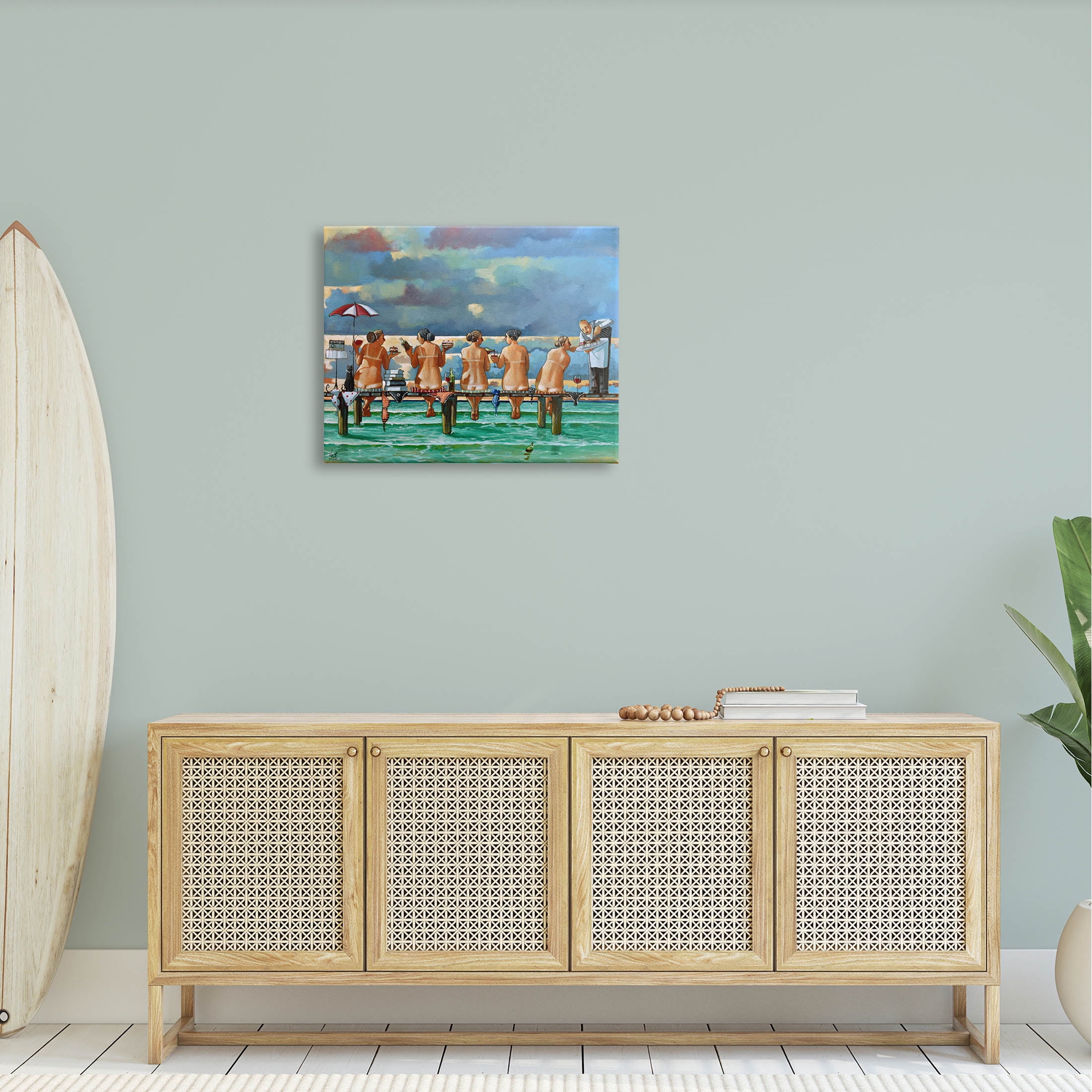 Beach Dock Women Summer Fun Coastal Painting Gallery Wrapped Canvas Print Wall Art