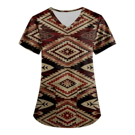 

Apepal Women Ethnic Printed Short Sleeve V-neck Scrub Tops Working Pocket Blouse