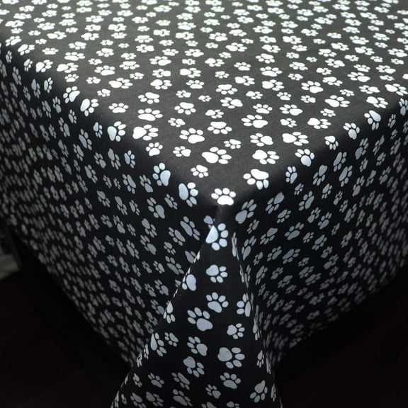 Cotton Tablecloth Animal Print Tiny Paw Prints White on Black