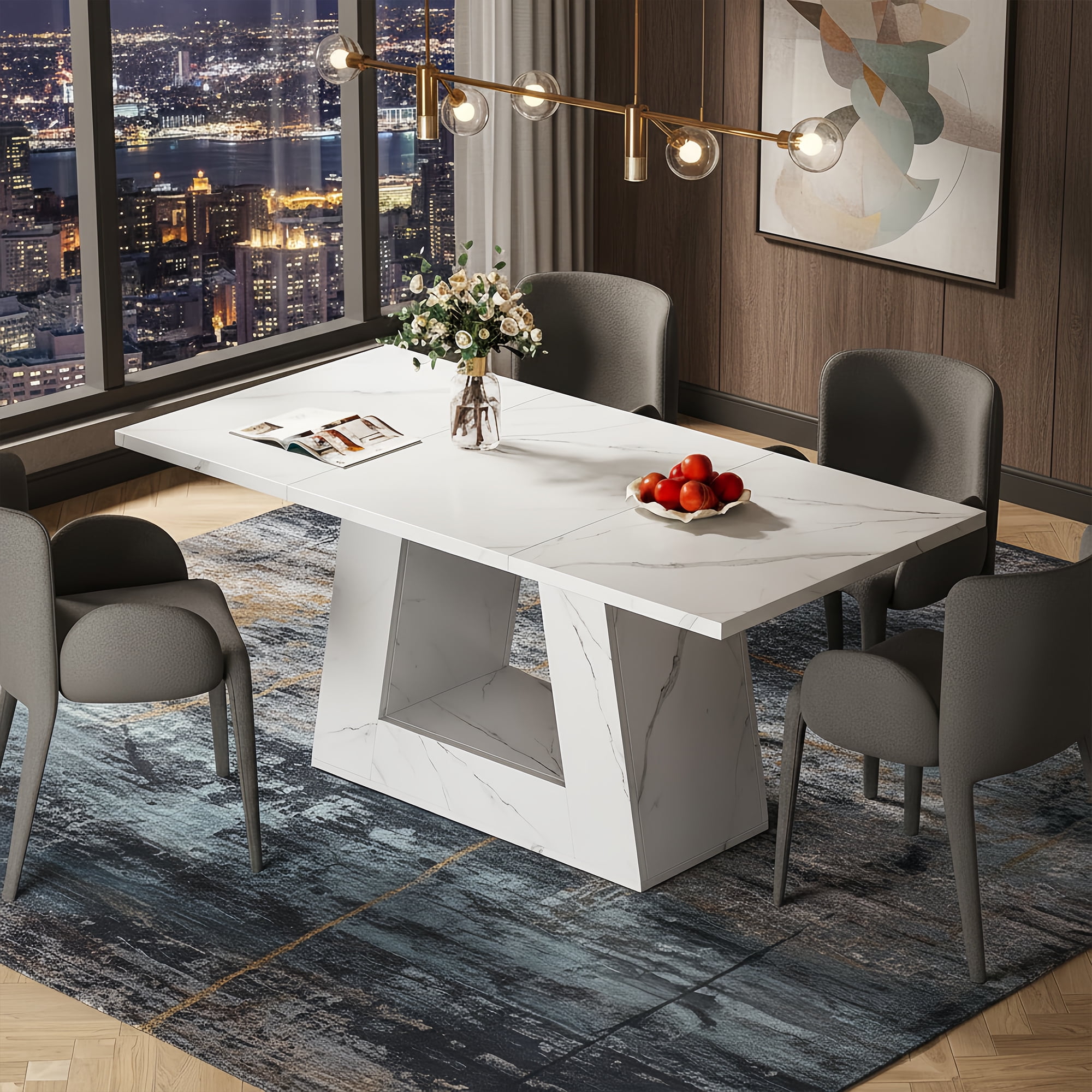 Modern Faux Marble Dining Table, 63" Rectangular 4-6 Seater Wood Table with Sturdy Base, Kitchen Living Room Dinner Table