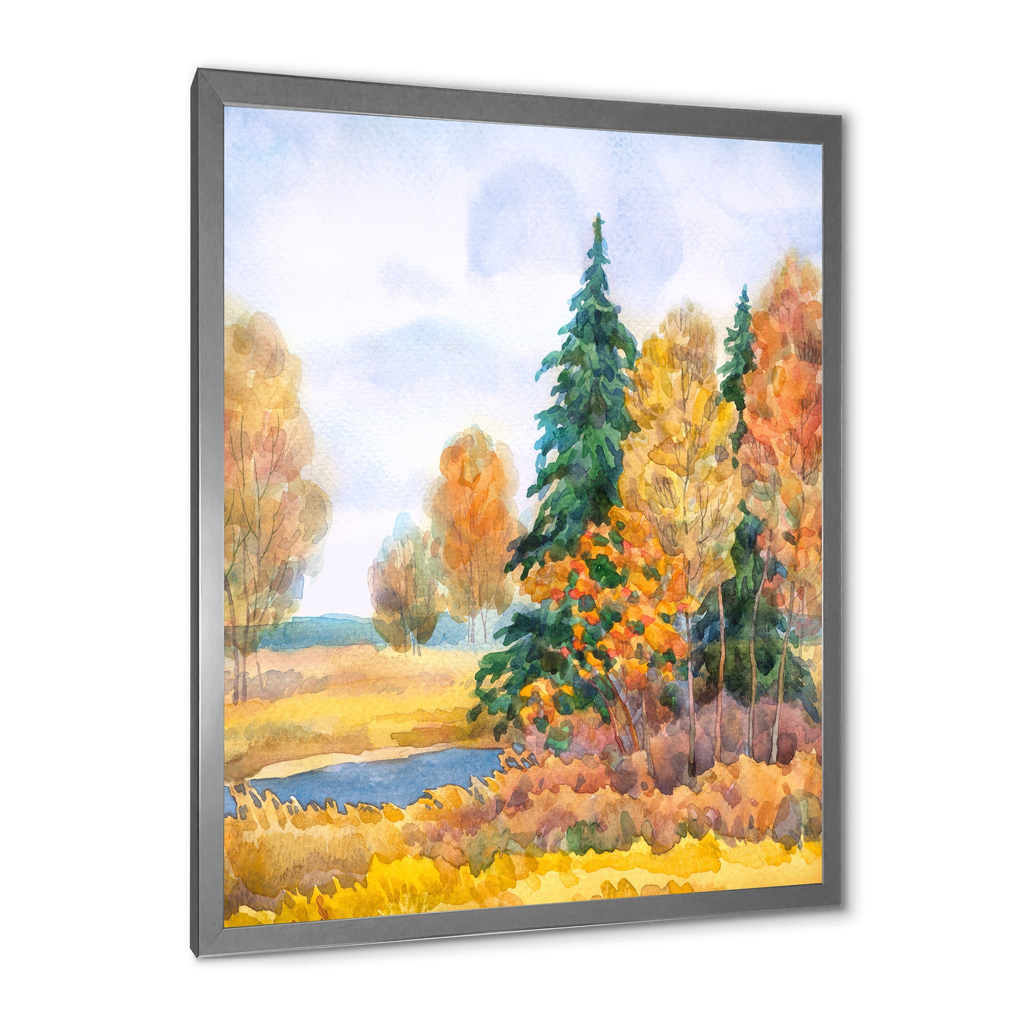 Designart 'Autumn Forest By The Lake Side V' Lake House Framed Art Print