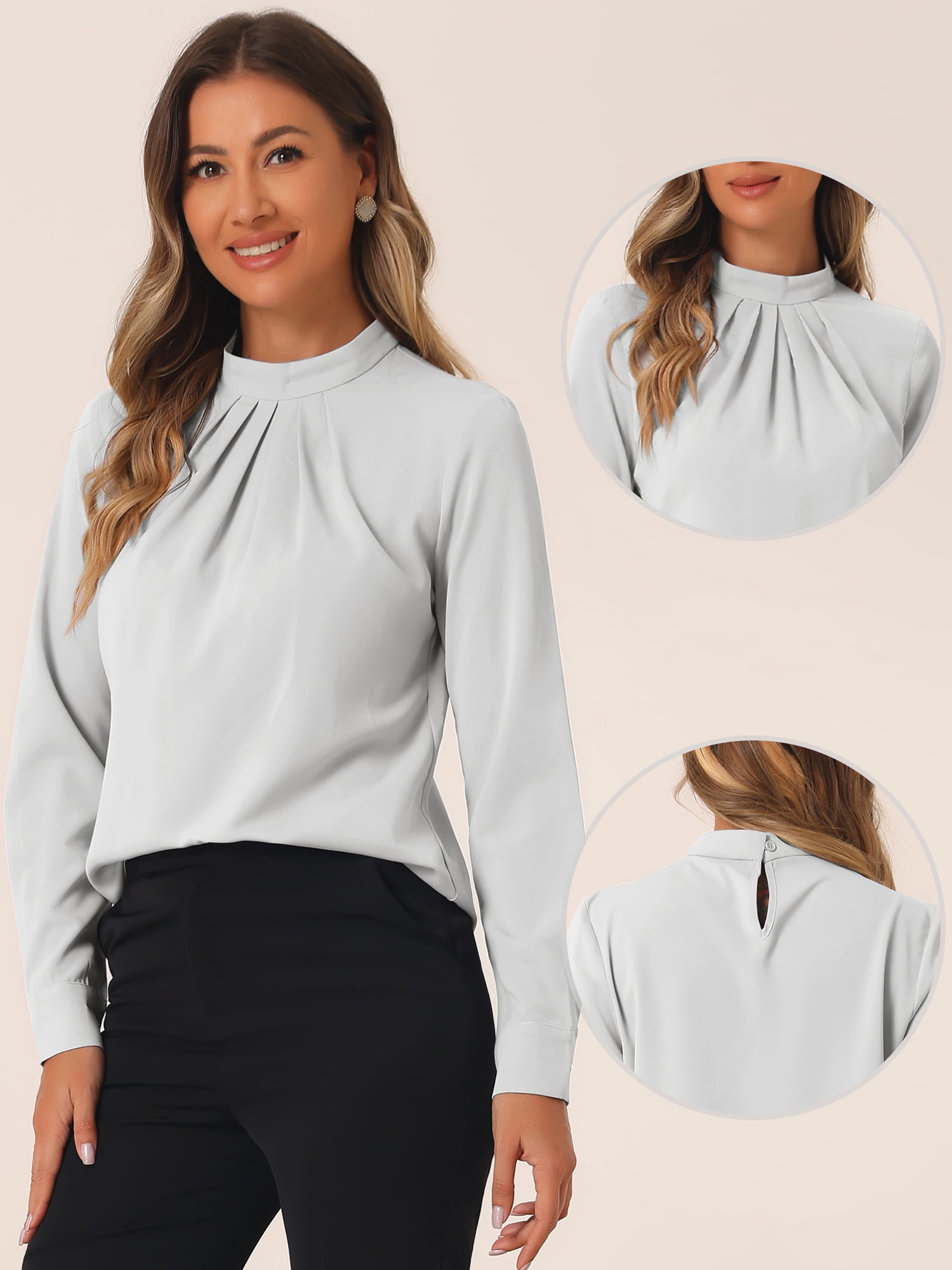 DARING DIVA Women's Tops Stand Collar Long Sleeve Business Shirt S Gray