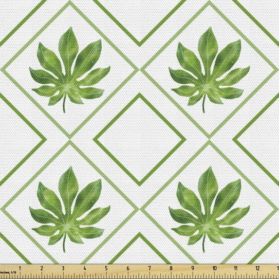 Botanical Fabric by the Yard, Watercolor Look Leaf Motifs Graphic Illustration on Plain Backdrop, Decorative Upholstery Fabric for Sofas and Home Accents, White Pistachio Green by Ambesonne