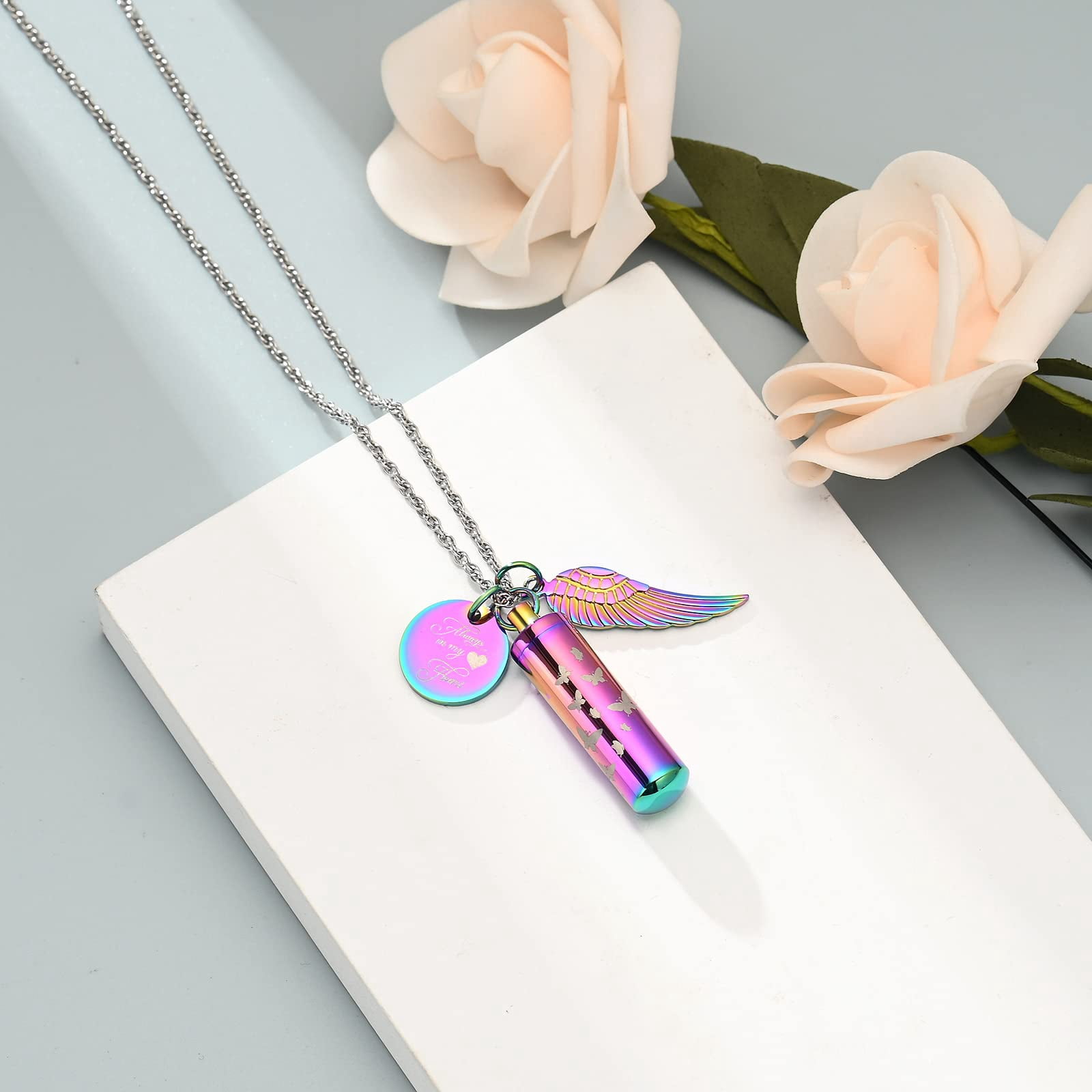 Personalize Cylinder Urn Ashes Necklace for Women Men Butterfly Cremation Jewelry Ash Loved One Memorial Angel Wing Pendant