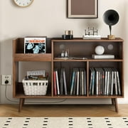 Large Record Player Stand with Charging Station & USB Ports, Vinyl Record Cabinet, Sturdy Record Table, Holds up to 300 Albums