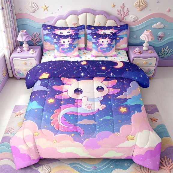Manfei Aquatic Axolotl 7-Piece Twin Bedding,Cartoon Animals Print Bedding Comforter Set,Colorful Stars Reversible