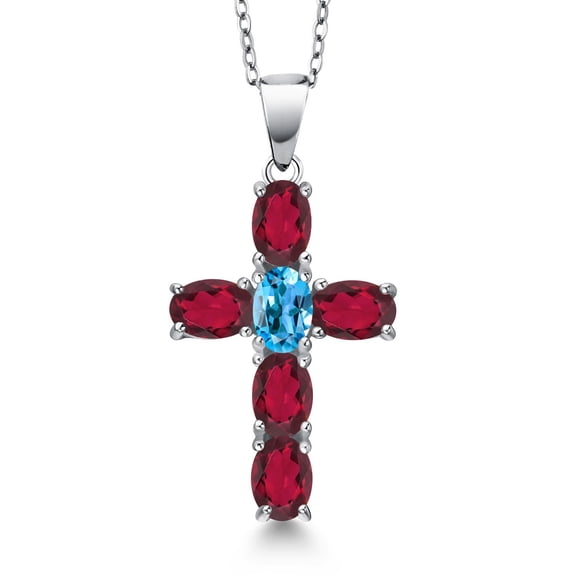 Gem Stone King 925 Sterling Silver Ruby Red Mystic Topaz and Swiss Blue Topaz Cross Pendant Necklace for Women | 3.05 Cttw | Gemstone November Birthstone | Oval 6X4MM | With 18 inch Chain