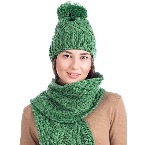 SAOL Aran Knitted Pom Pom Hat 100% Premium Supersoft Merino Wool Women`s Bobble Warm Cap from Ireland