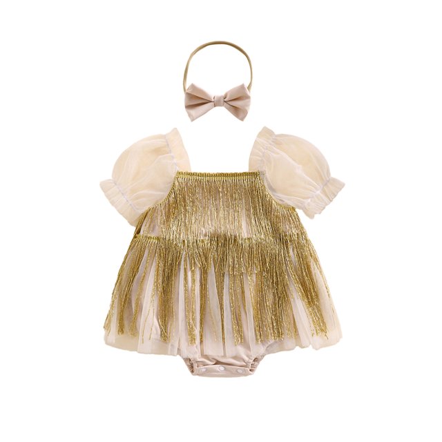 Gupgi Barboteuse à Franges pour Bébé Fille Robe à Manches Courtes avec Bandeau et Franges à Sequins