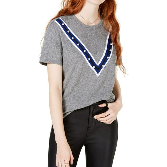 Carbon Copy Womens Pearl Stripe Embellished T-Shirt, Grey, Large