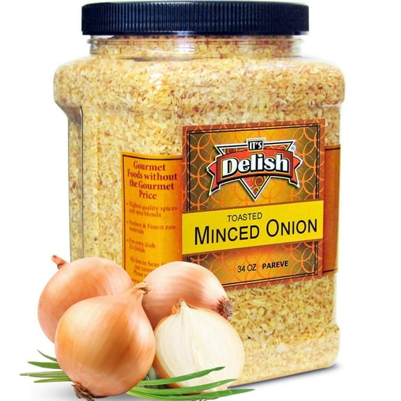 Gourmet Toasted Dried Minced Onion by Its Delish, 2.1 lbs 34 Oz Jumbo Container Jar  All Natural Dry Roasted Chopped Onion, No Preservatives, No artificial Flavor Added  Certified Kosher