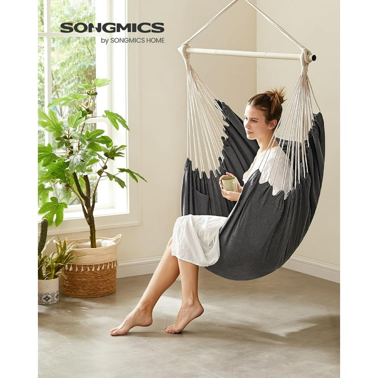 SONGMICS Hammock Chair Load Capacity 500 lb Hanging Chair with 2 Cushions Large Hammock Swing with Chain and Pocket for Indoor Outdoor Living