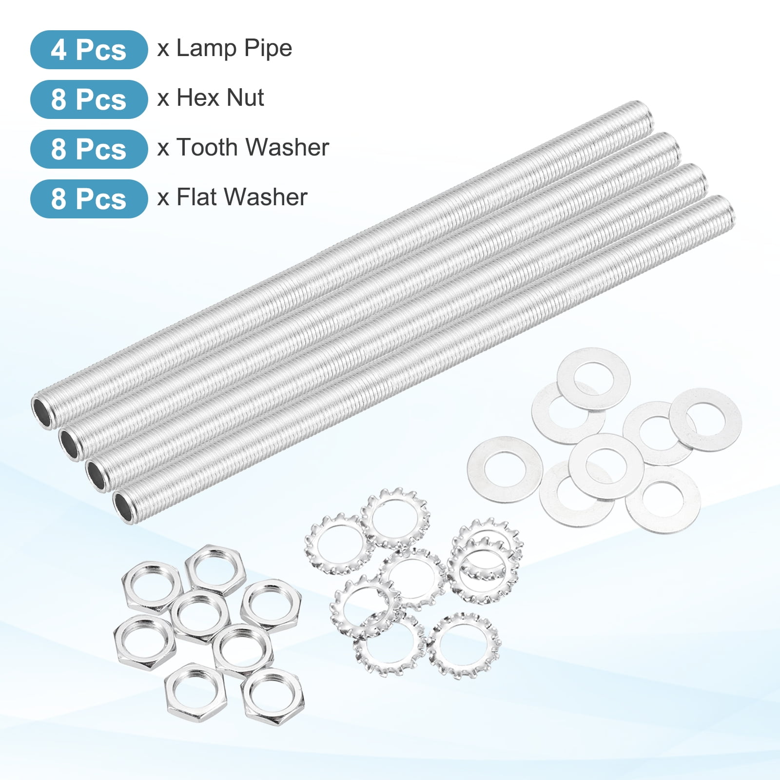 Uxcell 28Pcs 11.8" Lamp Pipe Nipples Kit with Hex Nuts Washers, 1/4" Fine Threaded Hollow Tube Repair Hardware Fasteners Assortment for Assembly Chandelier Ceiling Lamp DIY, Silver