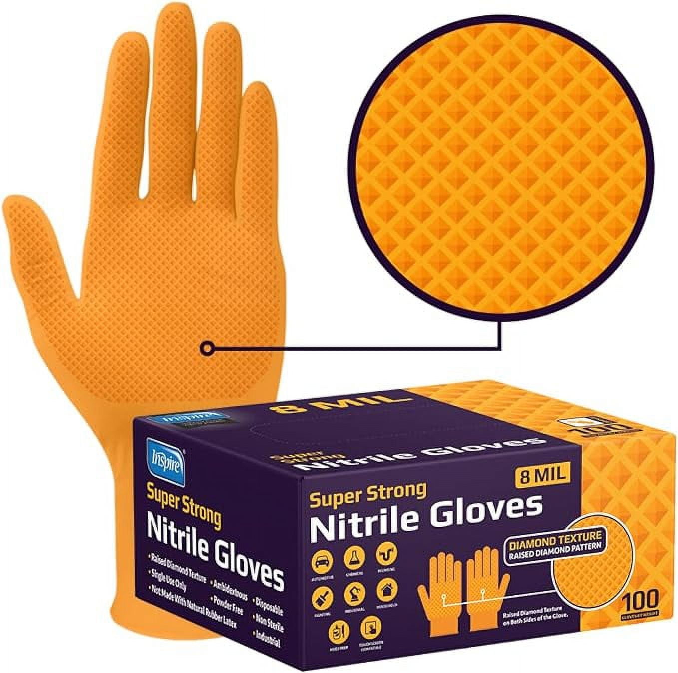 Inspire Heavy Duty Orange Nitrile Disposable Gloves | ULTRA 8 Mil Diamond Textured Grip | Industrial Mechanic Food (1000, XXL)
