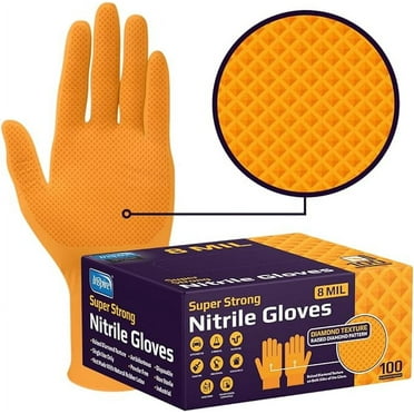 Inspire Heavy Duty Orange Nitrile Disposable Gloves | ULTRA 8 Mil Diamond Textured Grip | Industrial Mechanic Gloves (100, XXL)