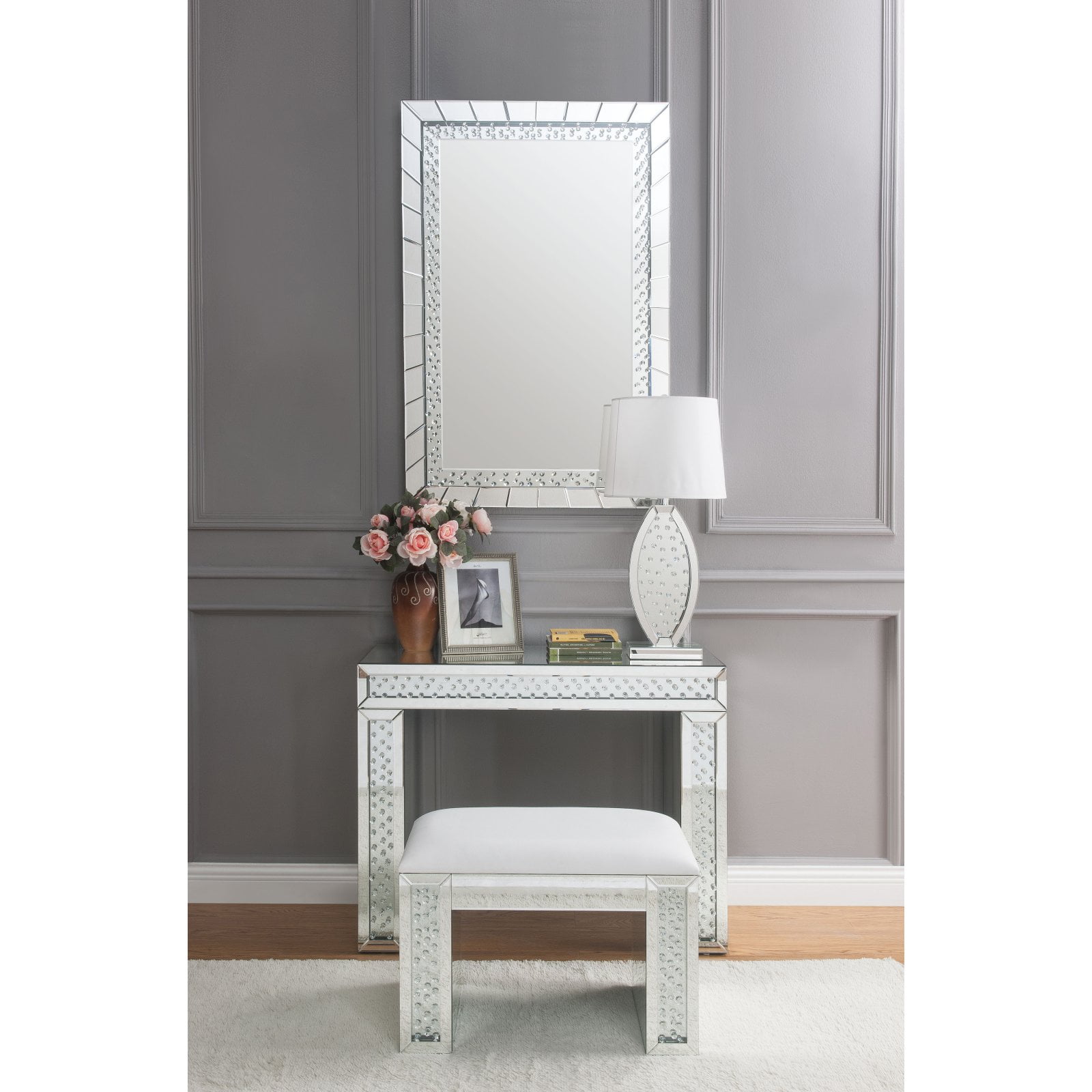 Acme Nysa Vanity Stool In Ivory Pu Mirrored And Faux Crystals