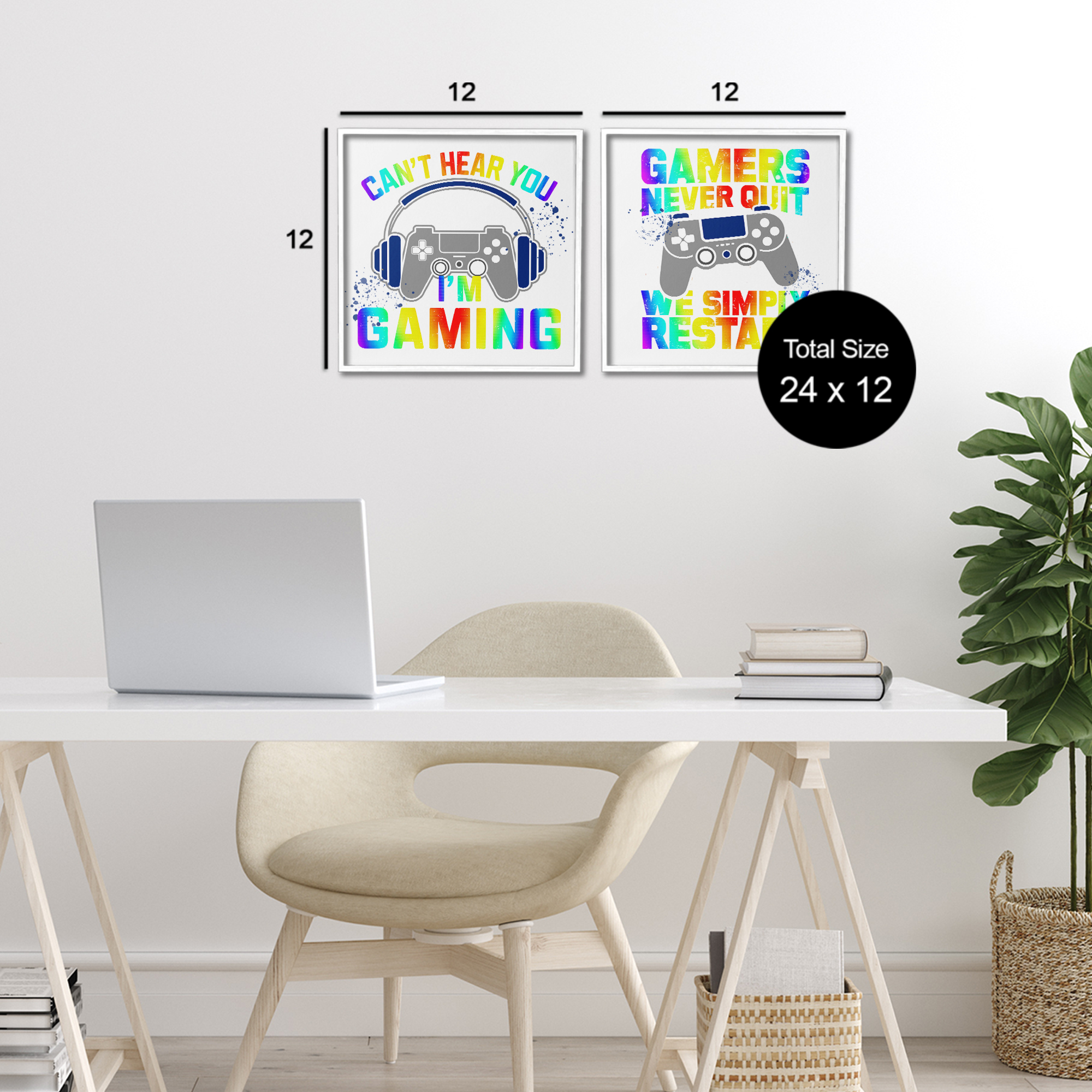 Rainbow Retro Gaming Phrases 2 Piece White Framed Giclee Art Set, design by Kim Allen