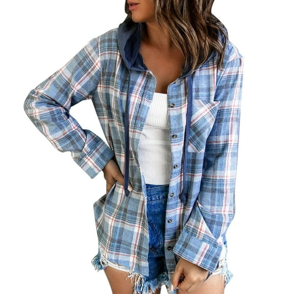 UYISJ Women's Plaid Hoodie Long Sleeve Jacket Button Drawstring Casual Fall Shirts Full Zipper Outerwear with Pocket Blue XXL