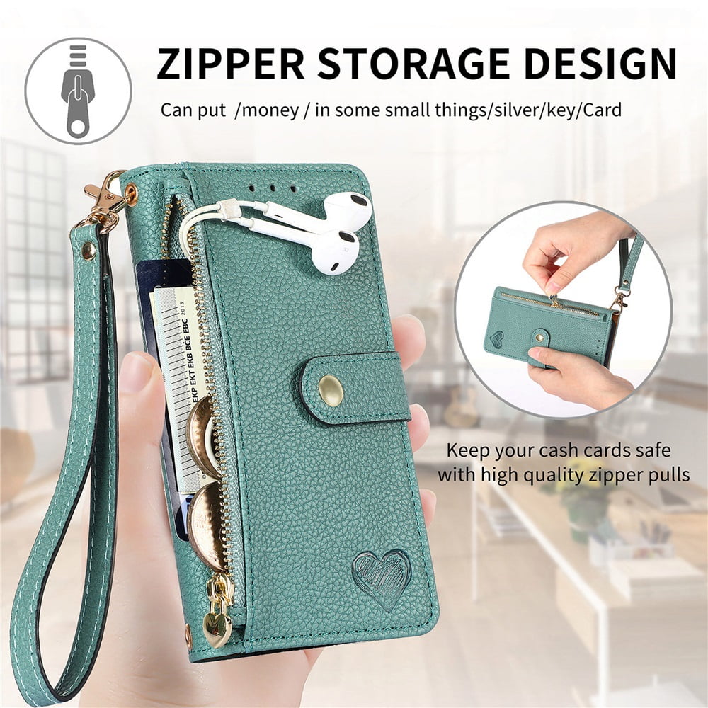 For iPhone 15 Pro Max Leather Phone Case Wallet Zipper Pocket Pouch Folio Flip Cover Kickstand, Multi Anti-theft Card Holder Cash Slot, Double Magnetic Buckle, Wrist Lanyard,Green
