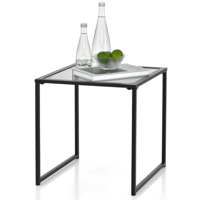 Patiojoy 17" Tempered Glass Top Side Table Indoor Outdoor Small End Table w/ Metal Frame Space-saving Square Coffee Table