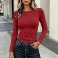 thumbnail image 2 of JYnXIANTI Long Sleeve Shirts for Women Round Neck Basic Undershirts Soft Ruched Tops Casual Outfits for Everyday Wear(Red,X-Large), 2 of 7