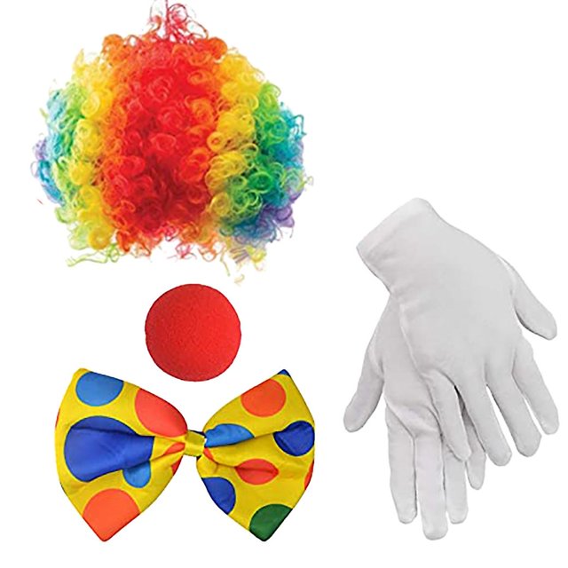 Disfraz de payaso Peluca de payaso Accesorios de nariz de payaso Pajarita Guantes blancos para mujeres Hombres Adultos Carnaval P Como se muestra
