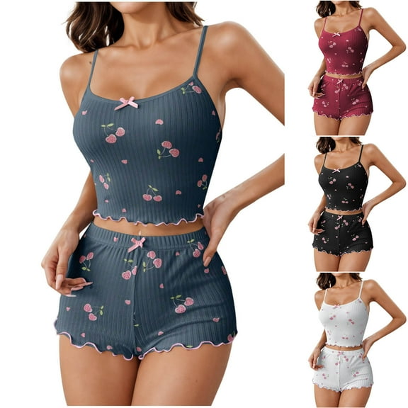 TAGOLD Womens Pajama Set Summer Silk Print Bow Sling Top With Shorts Soft Friendly Home Wear