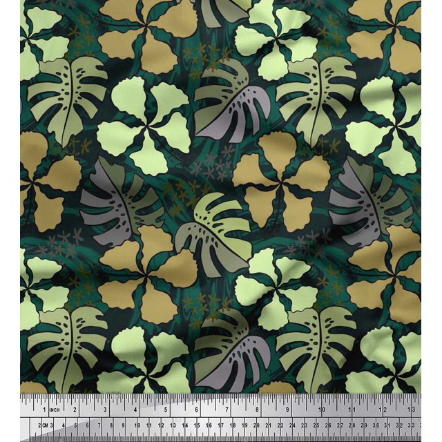 Soimoi Polyester Crepe Fabric Floral & Monstera Leaves Fabric Prints by Yard 52 Inch Wide