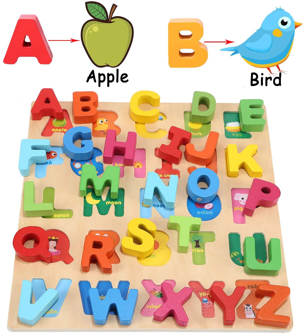 Wooden Alphabet 26 Pcs Building Blocks Jigsaw Toddler Toy Numbers Puzzle 