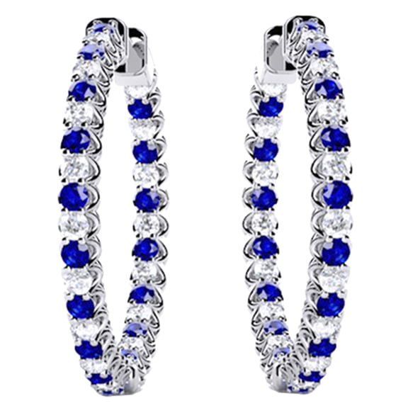 Round Cut Simulated Blue Sapphire With Natural Diamond Hoop Earrings In 14K Solid White Gold