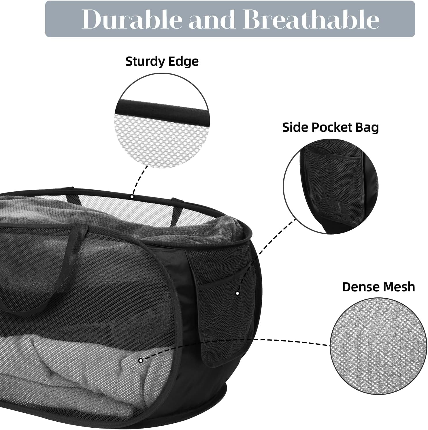 Kiibsot Strong Mesh Pop Up Laundry Basket, Collapsible Laundry Hamper with Side Pocket, Foldable Clothes Hamper with Durable Reinforced Handles for Laundry, Bathroom, Kids Room, Dorm or Travel