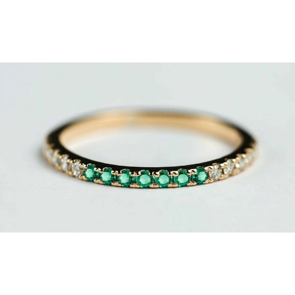 Gaspara Round Cut Lab Created Green Emerald & Cubic Zirconia Eternity Band Ring With 14K Yellow Gold Plated