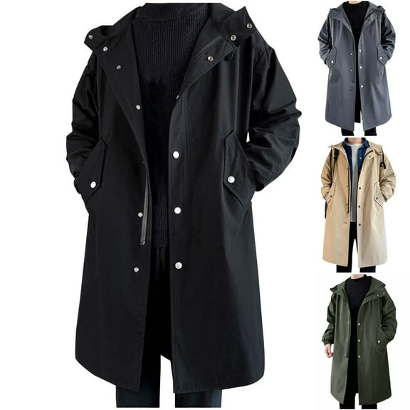 Timoontee Men's Long Trench Coat Casual Comfy Long Sleeve Hooded Jacket Coat Solid Button Zip Up Coat Fall Winter Windproof Overcoat Army Green XXXL
