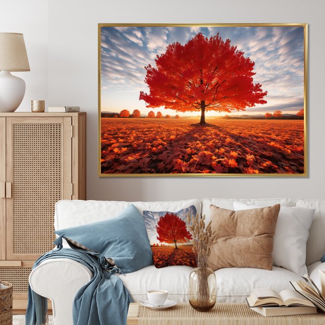 Designart Tree Maple framed wall art decor, Tree Maple framed wall Art, Light Through Orange Maple Tree Euphony , Extra large Traditional Gold framed wall art, 32x16 inches Gold Frame