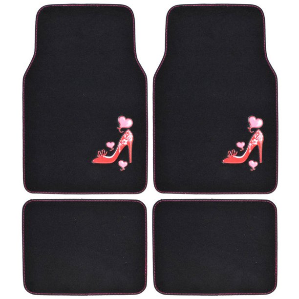 BDK Pink Love Heel Design Carpet Floor Mats for Car SUV, 4 Piece Set