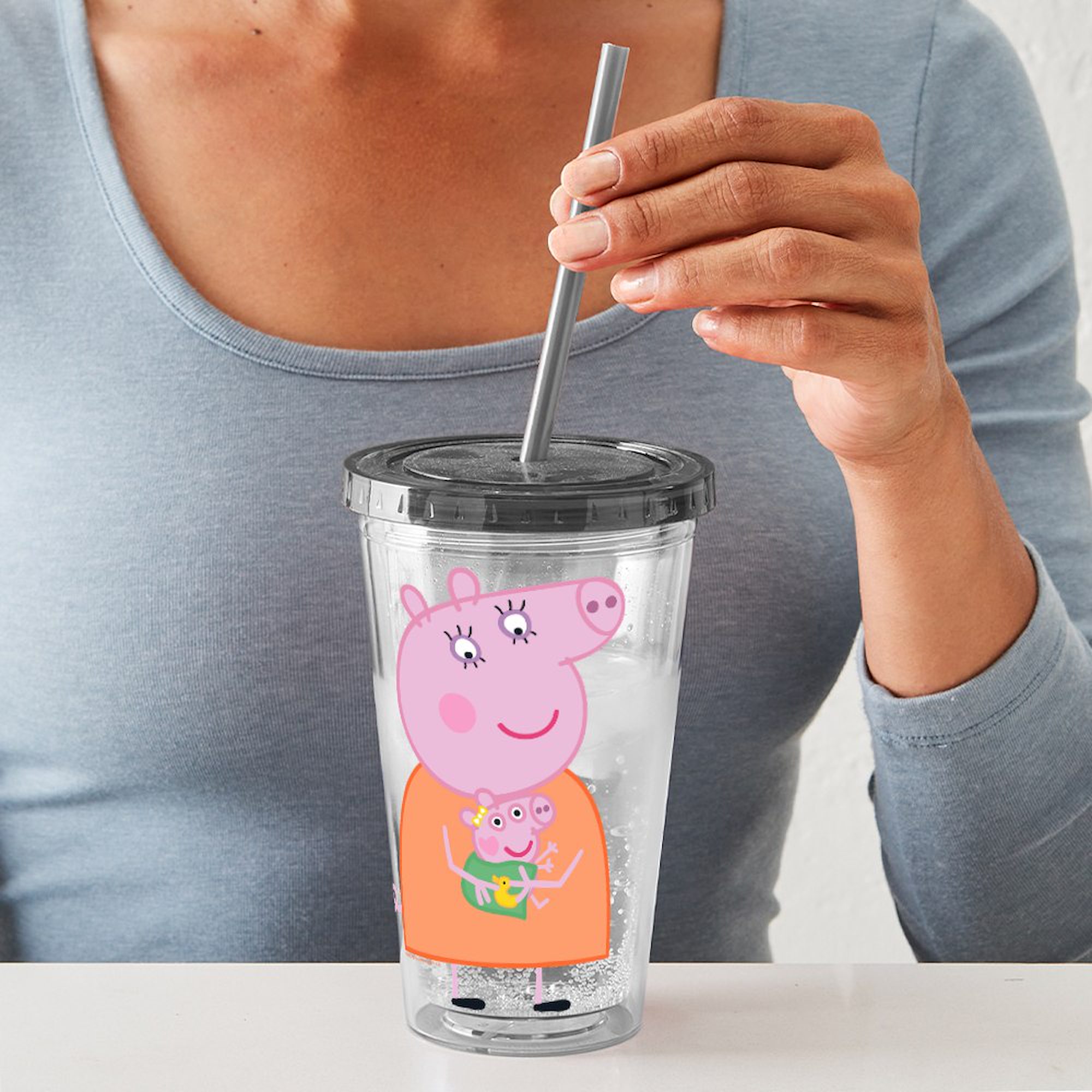 CafePress - Peppa Pig: Holding Baby - 16 Ounce Classic Clear Insulated Double Wall Tumbler Cup with Lid Straw , Reusable