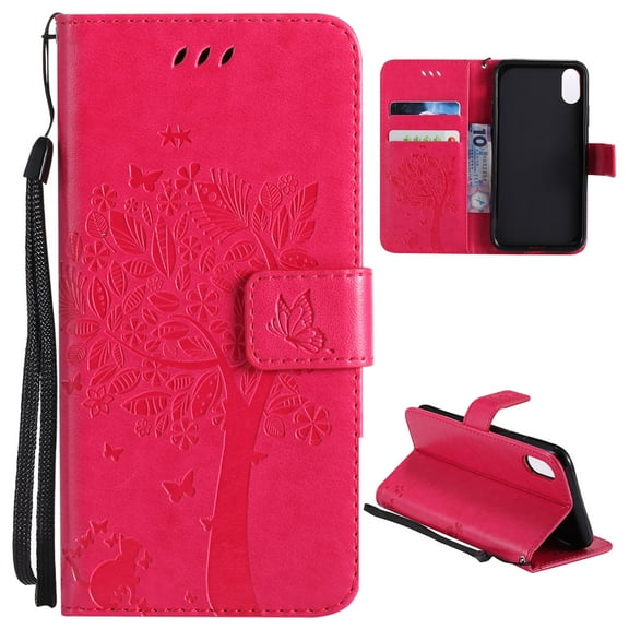 iPhone Xs Max Case, Allytech Embossed Cat & Tree Series, PU Leather Full Body Protective Defender Case Folio Flip Stand Cover With Card Holder for Apple iPhone Xs Max 6.5" 2018 Release, Rose